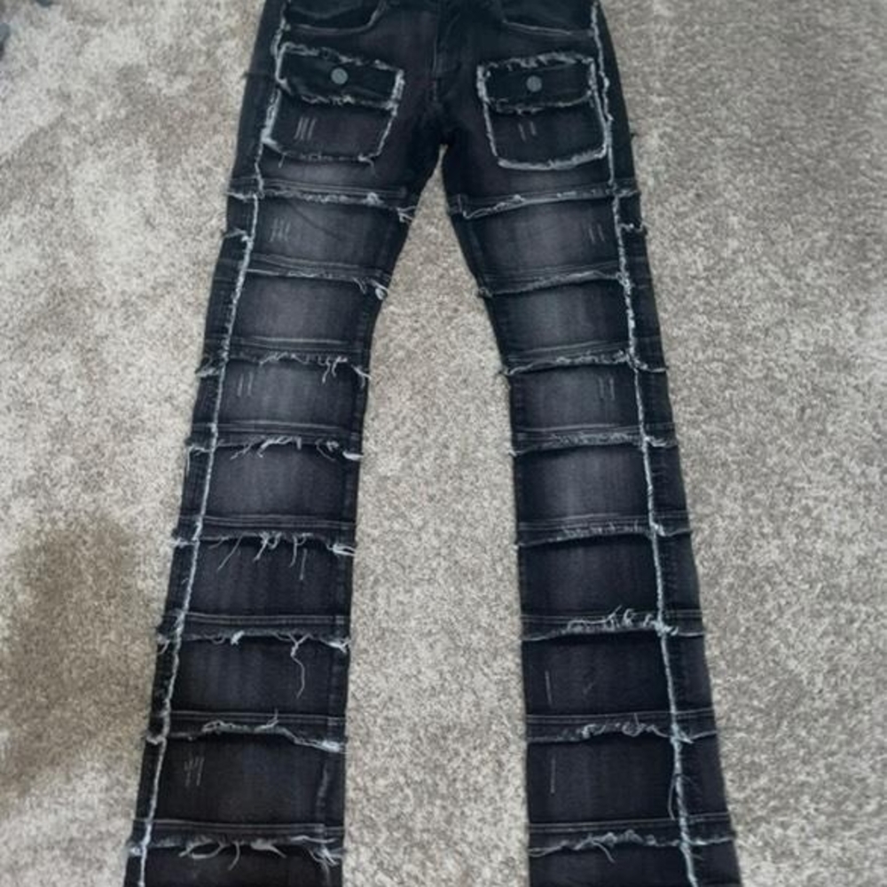 Black Distressed stacked Mens Jeans
